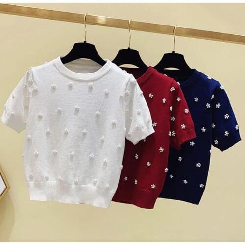 GGRIGHT 2020 Summer Fashion Harajuku Pearls Beading T Shirt Women Knitted Tops Short Sleeve O-Neck Tshirts ice silk sweater
