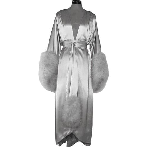 Womens Fur Robes Bathrobe Long Silk Fur Dresses Photo Shoot Birthday Party Bridal Fluffy Party Sleepwear Custom Made Gown