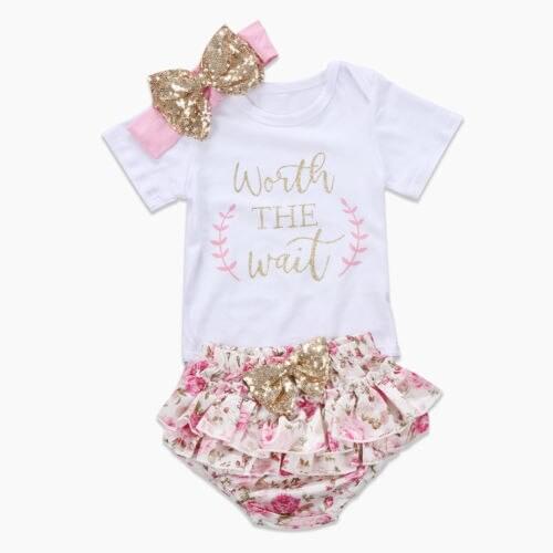 3PCS Girls Floral Outfits Newborn Baby Girls Short Sleeve Rompers Jumpsuit Pink Ruffles Shorts Headband Clothes Sequined Set