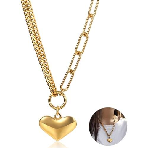 Heart Love Pendant Necklace for Women Sweater Chain Stainless Steel Curb Paperclip Link Chain Gift Jewelry Adjustable LDN246