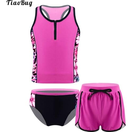 3Pcs Kids Girls Print Swimsuit Round Neck Sleeveless Racer Back Tops With Shorts And Briefs Set For Beach Pool Swimming Bathing