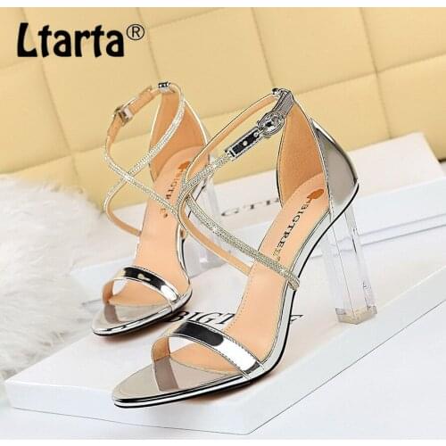 LTARTA Fashion Sexy Summer Womens Shoes Transparent Crystal with High Heel Open Toe Rhinestone Cross Strap Sandals DS