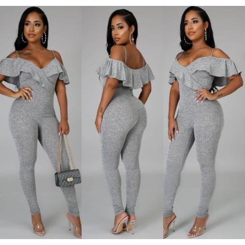 Fashion sexy trendy womens clothing, solid color V-neck off-shoulder ruffled jumpsuit