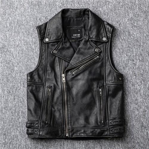 Motorcycle Biker Real Leather Vest Mens Genuine Leather Vintage Sleeveless Jackets Cowhide Waistcoat Punk Zipper Lapel