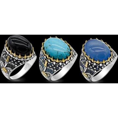 Real Agate/Onyx/Turquoise Men Rings 925 Sterling Silver Big Oval Natural Stone Jewelry Rings for Women Male Vintage Golden Crown