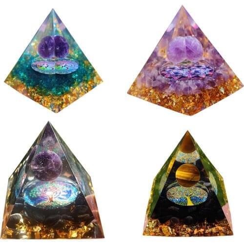 Natural Healing Crystals Orgonite Energy Pyramid Sculpture Symbolize Lucky Gather Wealth Prosperity Resin Ornaments Home Decor
