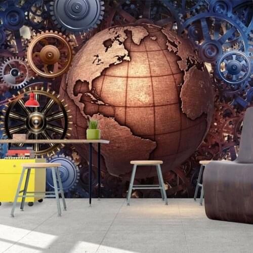 Custom Mural Wallpaper 3D Stereo Mechanical Gear Earth Restaurant Bar KTV Background Wall Painting PVC Self-Adhesive 3D Stickers