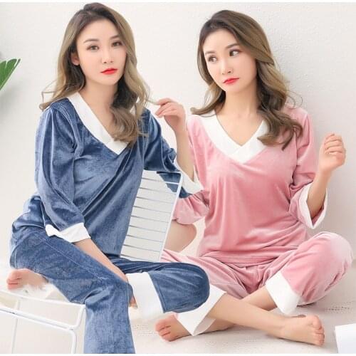 Plus Size 5XL Thick Warm Gold Velvet V-neck Pajama Set for Women 2019 Autumn Winter Sleepwear Homewear Pijama Mujer Home Clothes