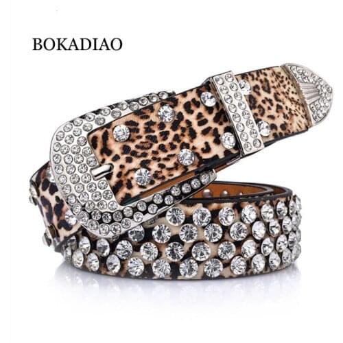 BOKADIAO women belt punk Pin buckle Vintage Leopard print Rhinestone Rivets luxury ladys original leather belts for women jeans