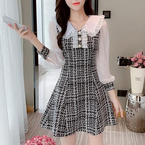 SMTHMA 2021 New Autumn And Winter Tweed Woolen Dresses Women Fashion Hit Color Long Sleeve Elegant Sweet Vestidos