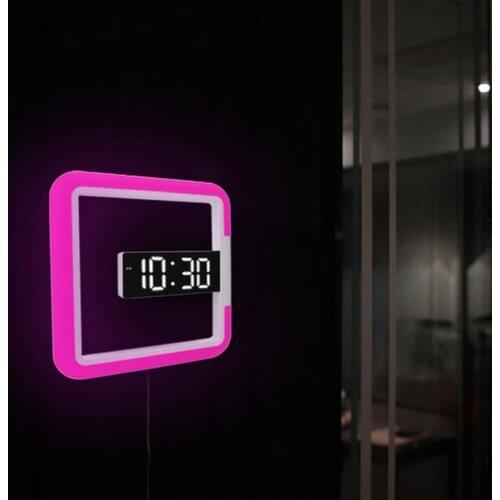 LED Mirror Hollow Wall Clock Creative Thermometer Digital Alarm Clock 7 Colors Nightlight for Home Living Room Decor