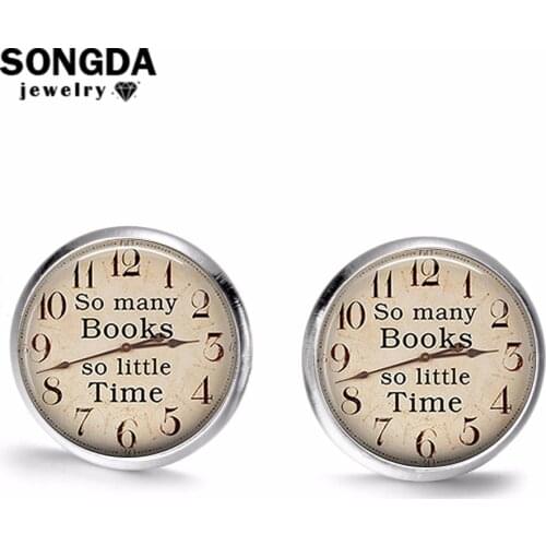 SONGDA Steampunk Old Clock Print Earrings So Many Books So Little Time Quote Glass Photo Cabochon Stud Earrings Vintage Jewelry