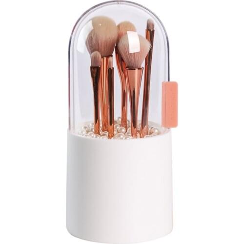 Rotate Makeup Brush Holder with Pearl Dustproof Makeup Organizer Waterproof Cosmetic Brush Storage Bucket