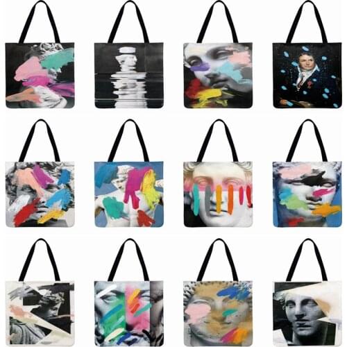 Women Shoulder Bag Funny Sculpture Oil Art Printed Tote Bag Linen Febric Casual Tote Foldable Shopping Bag Reusable Beach Bag