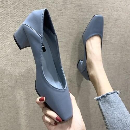 Womens Pump New Thick with Shallow Mouth Womens Shoes Elegant Squared Toe High Heels Working Shoes