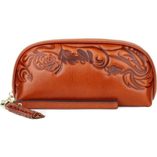 Top Quality Genuine Leather Women Short Card Holder Wallets Fashion Purple Color Floral Embossed ID Card Holders Mini Coin Bags