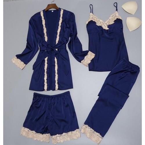 Women Silk Satin Sleepwear Set New Robe+Slip Top+Pant+Shorts 4 Pieces Lace Nightwear Summer Pajama Set ELegant Home Clothing