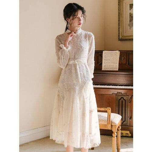 Summer New Ladies Chinese Style Retro Half High Collar Lantern Sleeve Cheongsam Long Dress Girl Mesh Embroidery Flocking Dress