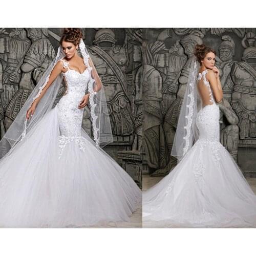Mermaid Wedding Dresses Spaghetti Straps Lace Appliqued Beads Bridal Gown For Misses Body Shape Saudi Arabia Vestidos