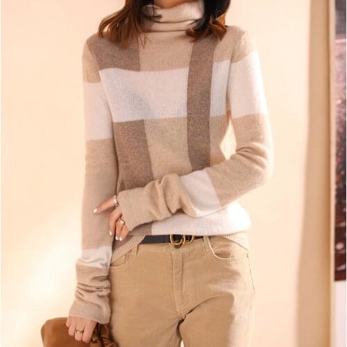 100% Wool Autumn Winter New Color Matching Long-Sleeved Sweater Womens Pullover Cashmere Lazy Turtleneck Sweater Women Slim