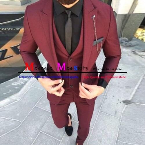 2021 Slim Fit Groom Male Wedding Prom Suit Burgundy Tuxedo Men Formal Business Work Wear Suits 3 Pieces Set (Jacket+Vest+Pants)