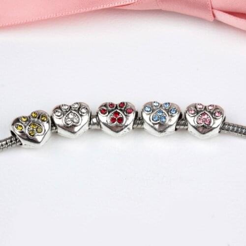5PCS Cute Cat Dog Paw 5 Colors Crystal Rhinestone Big Hole Heart Bead Fit Snake Bracelet DIY Simple Handmade Necklace