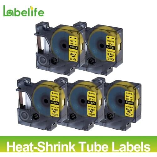 5Pack 18054 Black on Yellow 9mm S0718290 Heat Shrink Tubing for DYMO Rhino Industrial IND LabelWriters and Label Makers