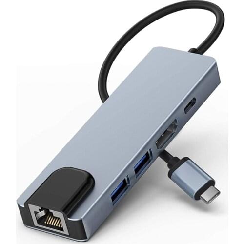 5 in 1 Hub USB Type C HDMI-compatib Multiport Adapter with Output USB 3.0 2.0 RJ45 Ethernet USB C PD Charging Ports