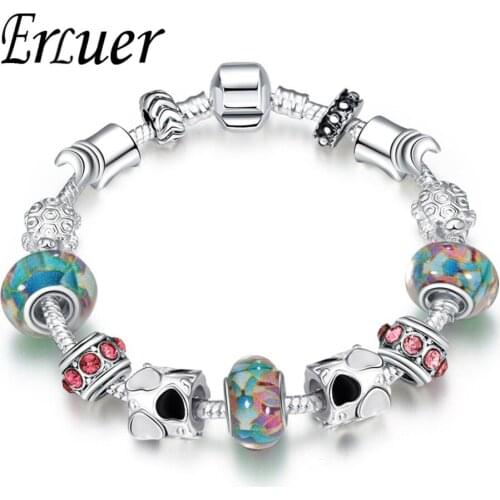 ARUEL Fashion Heart shape Enamel Silver plated charm Beaded Bracelet blue Crystal Glass Beads Chain DIY Jewelry Gift For Women