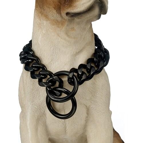 Large Black Dog Collar, 19mm Heavy Stainless Steel Fierce Dog Training Choke Cuban Link Miami Chain Pet Training Necklace