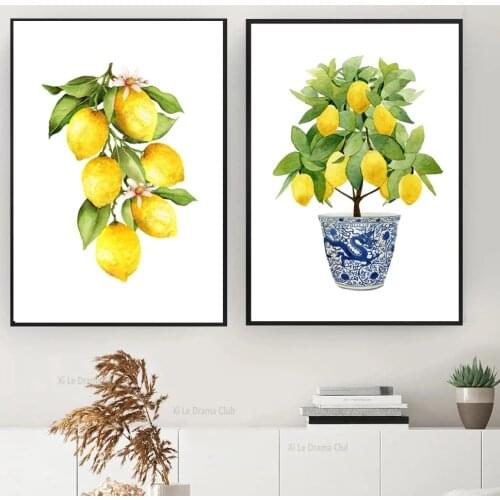 Lemon Prints Chinese Style Flower Pot Bonsai Oriental Art Blue and White Willow Style Canvas Painting Posters Prints Home Decor