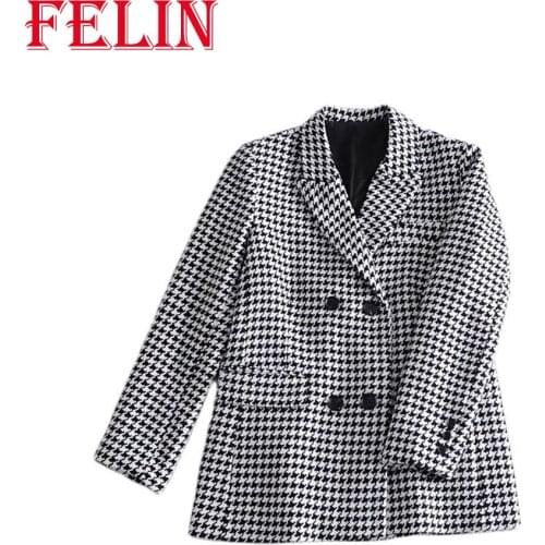 FELIN Women Balzer Loose Plaid Casual Office Vintage Lady Coat Double Breasted Long Sleeve Fashion Female Jacket Mujer Saco