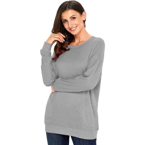 Womens Crew Neck Pocket T-Shirt Casual Loose Fit Tunic Tops Baggy Comfy Tops