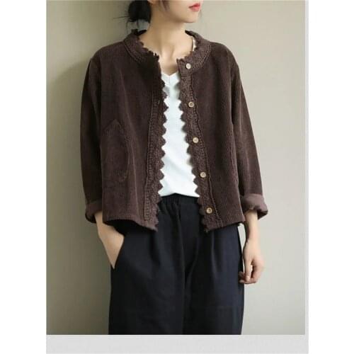 Women Plus Size Spring Autumn Casual Jackets Lady Arts Style Vintage Corduroy Solid Loose Coats Female Lace Patchwork Tops