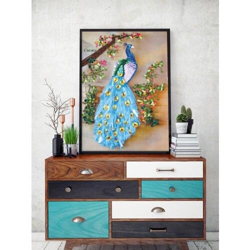 DIY Easy Ribbon Embroidery Sale for Beginner Needlework Cross Stitch Kit Handmade Sewing Wall Art Flowers Series Animals Peacock