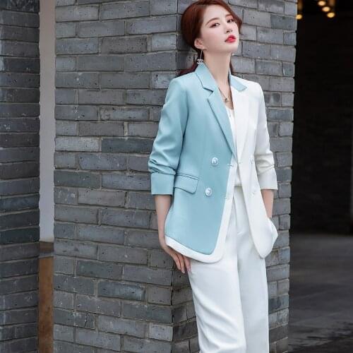 2021SS Womens Pants Suit 2 Pieces Set Formal Elegant Ladies Splicing Blazer Female Double Breasted Jacket + Wide Leg Trousers