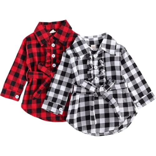0-5Y Toddler Newborn Kid Baby Girl Dress Plaid Midi Long Sleeve Round Lapel Collar High Waist Waistband Buttons Princess Shirt