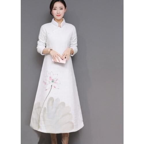 Dress Chinese Style Winter Dresses Women 2019 White Ink Painting Warm Dress Quilted Cheongsam Retro National Ladies Dress TA1259