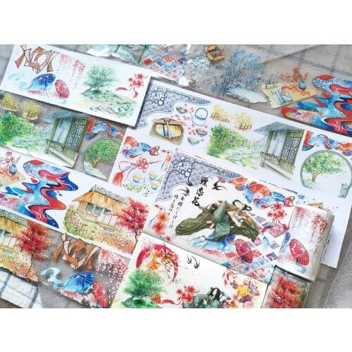 Washi Tape Roll Blue Pet journal Chinese Ancient Style Architectural Landscaping Scene Literary