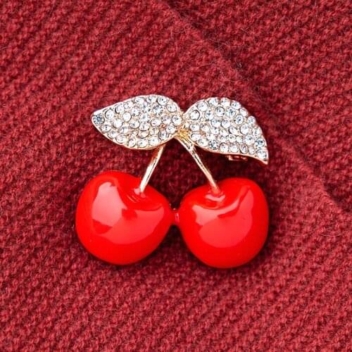 Cute Enamel Cherry Brooches Crystal Leaf Corsage For Women Girl Scarf Dress Shirt Elegant Jewelry Birthday Party Gift