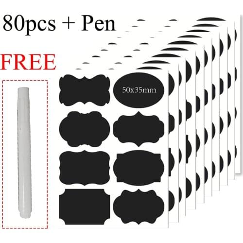 80pcs Spice Label Stickers Home Jars Bottles Black Tags Erasable waterproof blackboard stickers kitchen storage With Marker Pen