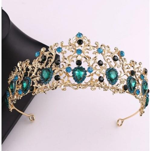Baroque Crown Tiaras Queen Vintage Green Red Crystal Rhinestone Bridal Hair Accessories Bride Headbands Wedding Hair Jewelry