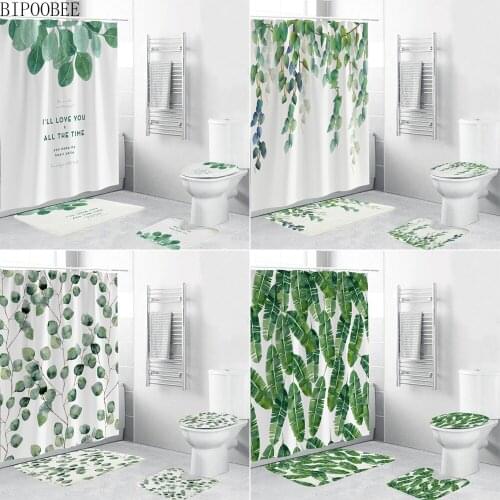Tropical Plant Shower Curtains Green Leaf Bathroom Curtain Set Pedestal Rugs Toilet Cover Mats Bath Carpet Washroom Home Decor