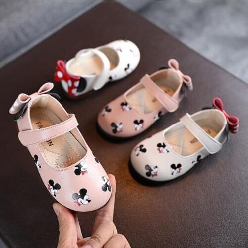 Disney Mickey Mouse Princess Kids Leather Shoes For Girls Bow Children Flat Heel Girls Single Shoes Butterfly Toddler Shoes