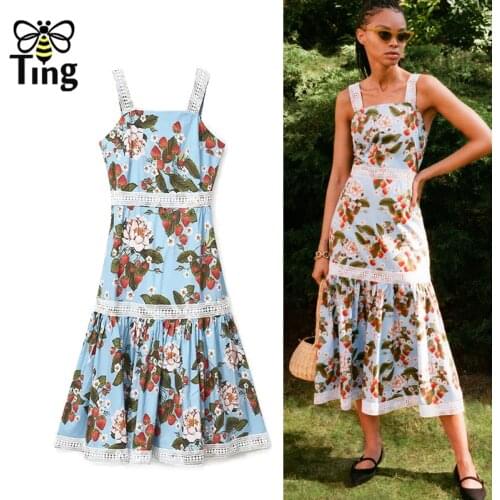 Tingfly Vintage Fashion Floral Summer Strap Casual Midi Dress Lace Patchwork Ruffles Sundresses Retro Streetwear Zaful Elbise Za