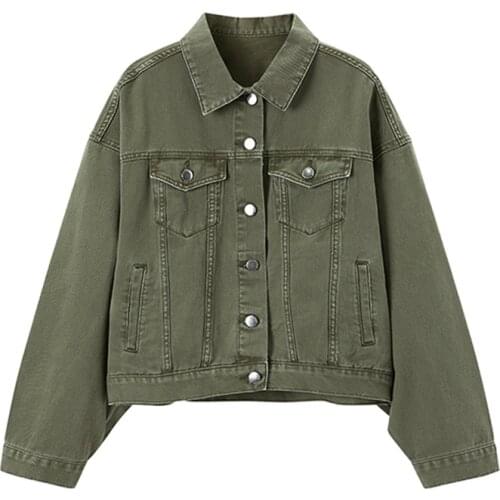 PERHAPS U Green Brick Red Section Denim Jacket Button Lantern Long Sleeves Loose Jean Jackets For Women Turn Down Collar C0179