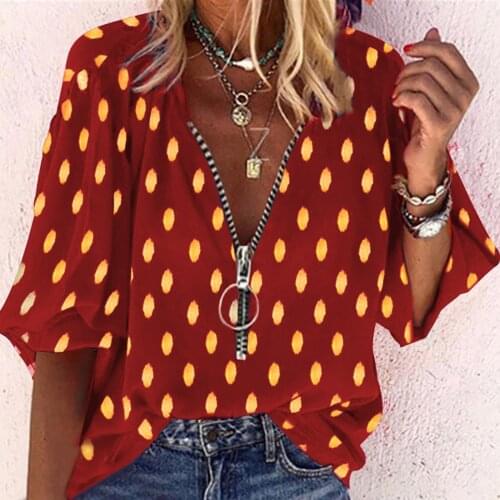 Womens T-Shirts Autumn Long-sleeved Pullover Tops Casual Plus Size Zipper V-Neck Dot Printed Loose Button Tunic Shirt Tops