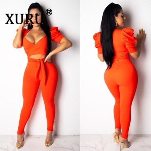 XURU Summer New Womens Leotard Two-piece Casual Deep V Strap Slim Short Sleeve Jumpsuit Orange Green Black Jumpsuit