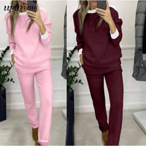 Free Shipping 2021 Fashion Knitted Sweater Set Ladies O-neck Long Sleeve Pullover & Elastic Waist Trousers Casual Two-Piece Sets