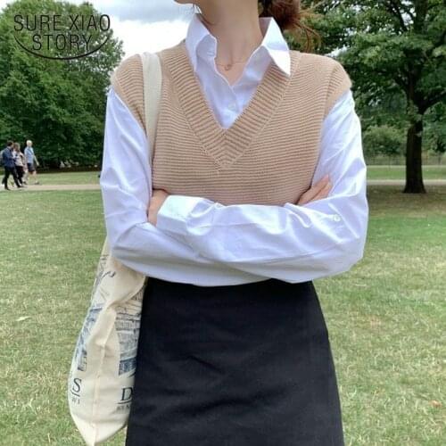 Womens Vest Knitted Sweater 2021 Autumn Solid Loose Sweater Knitted Vest Women V Neck Outerwear Office Fashion Clothing 10974